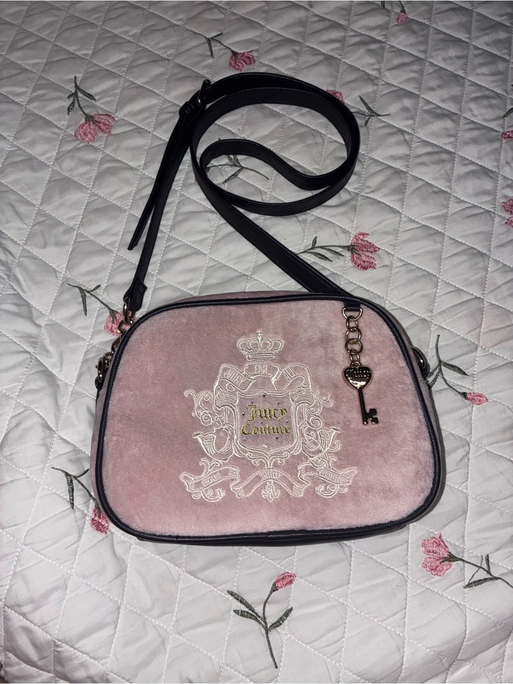 Juicy Couture Pink Velvet Crossbody with Black Strap & Gold Key Charm